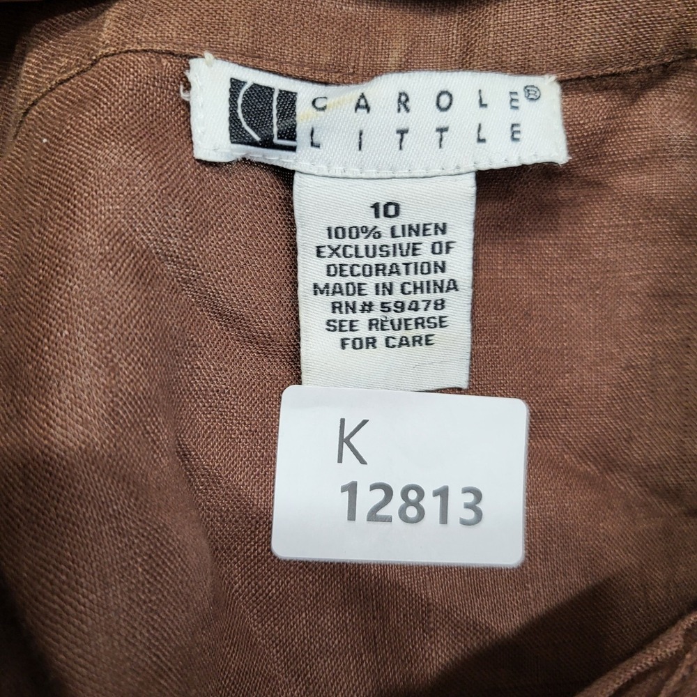 Carole Little Women Dress 10 Brown Linen Shift Sleeveless Embroidered Beaded - Picture 2 of 8